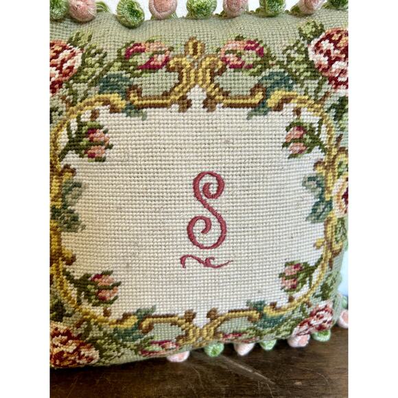 Vintage Needlepoint Pillow with Rose Motif | Cottagecore - Picture 3 of 4